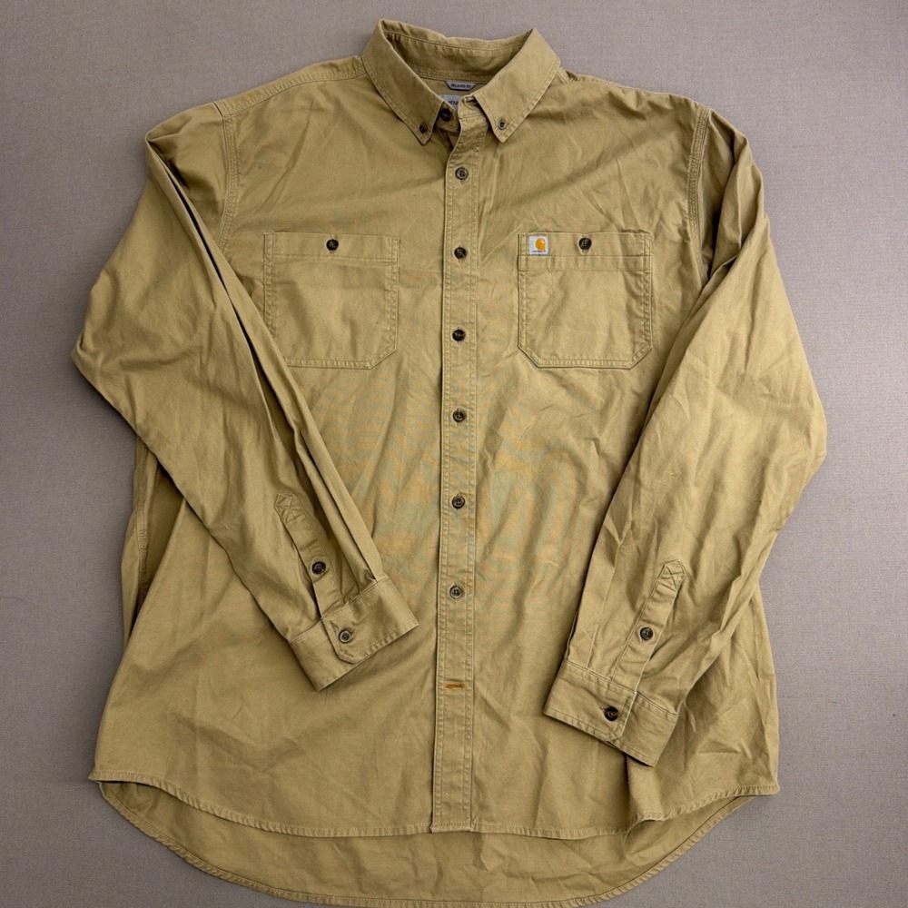 Carhartt Mens 2XL Tall Relaxed Fit Long Sleeve Khaki Canvas Work Shirt Tan 2057